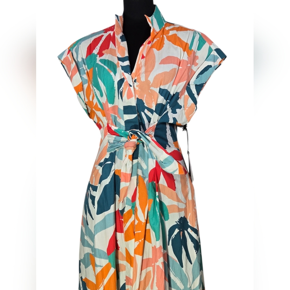 AP.NY Tropical Floral Midi Shirt Dress with Tie Waist - Multicolor - Picture 11 of 14